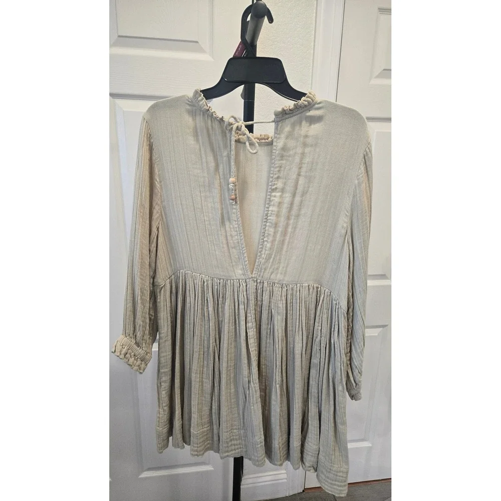 Free People Gauze Mini Dress Beige Boho Ruffle Neck Deep V Back Babydoll-M